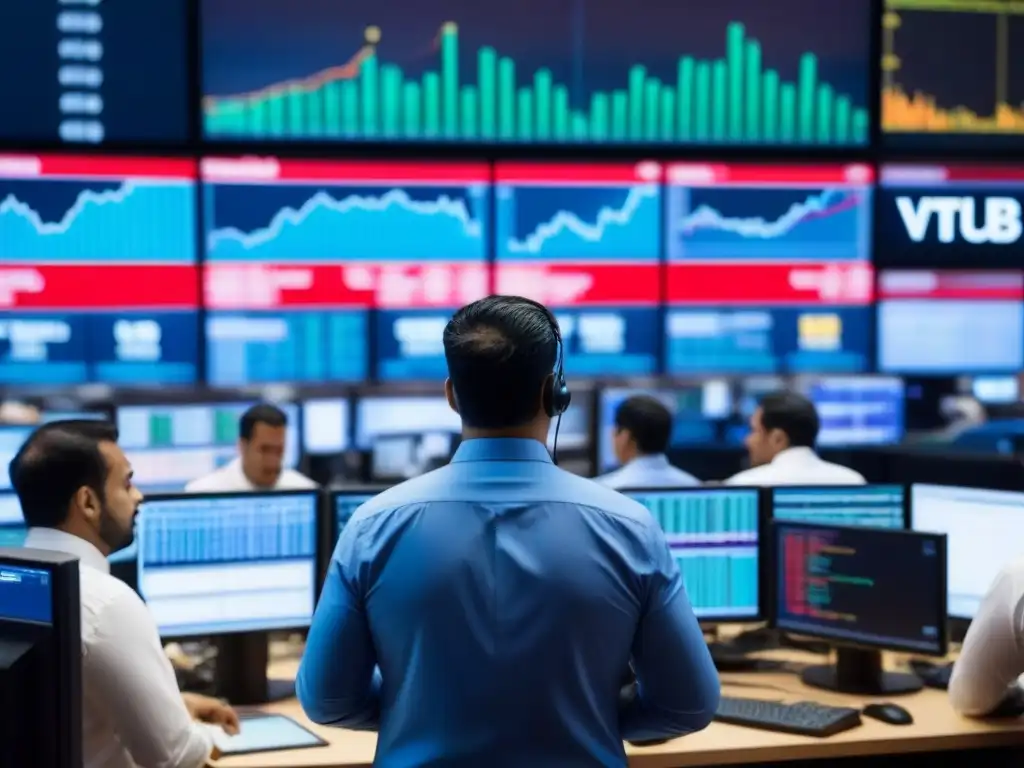 Vibrante bolsa de valores con traders y pantallas de datos en tiempo real Un frenético mercado de valores con traders analizando pantallas, capturando la esencia de invertir en mercados emergentes