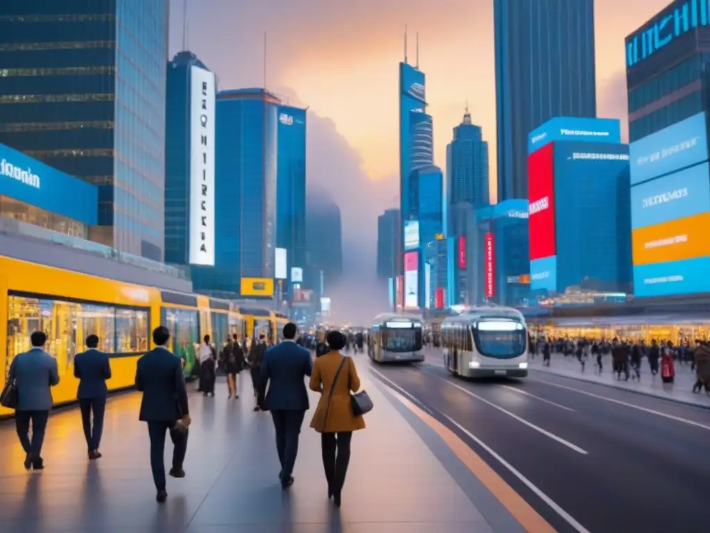 Metrópolis multicultural en crecimiento: luces, diversidad y oportunidades Frenético paisaje urbano internacional al anochecer, reflejando diversidad y oportunidades de invertir en centros comerciales