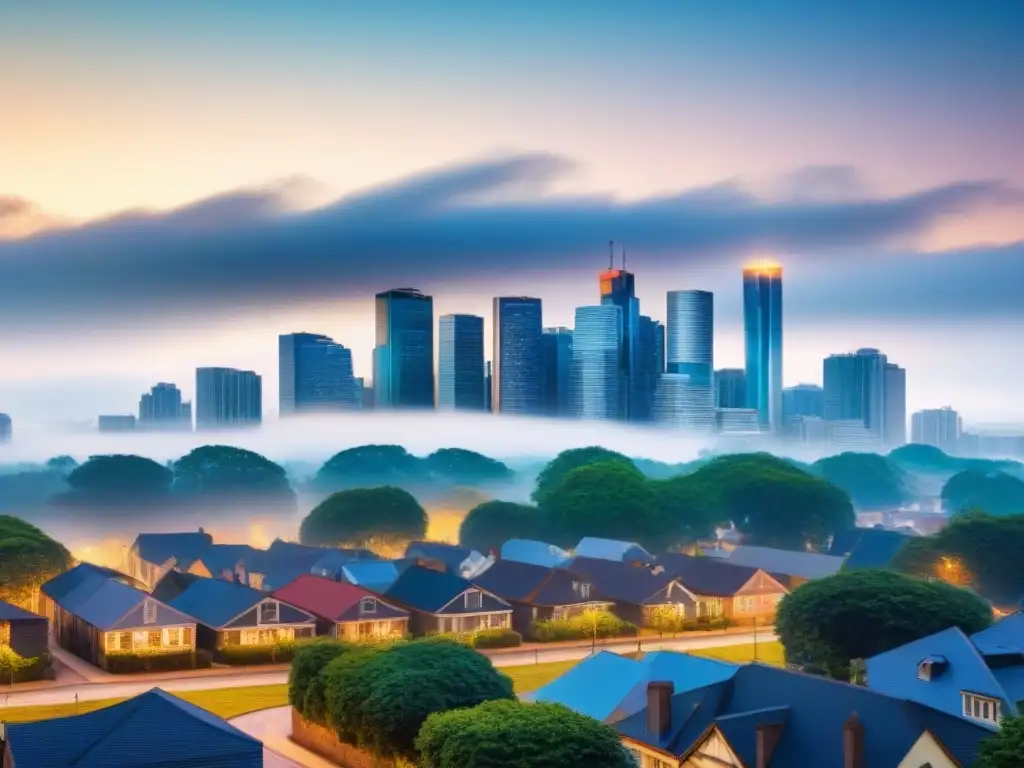 Fusión de ciudades: impacto en mercados inmobiliarios La fusión de dos paisajes urbanos ilustra el impacto en el mercado inmobiliario