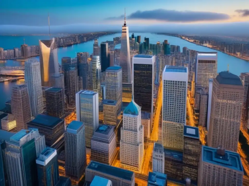 Horizonte urbano: fusión histórica y futurista en el crecimiento global Fusiones y adquisiciones: ciudad global, arquitectura histórica y rascacielos futuristas al anochecer