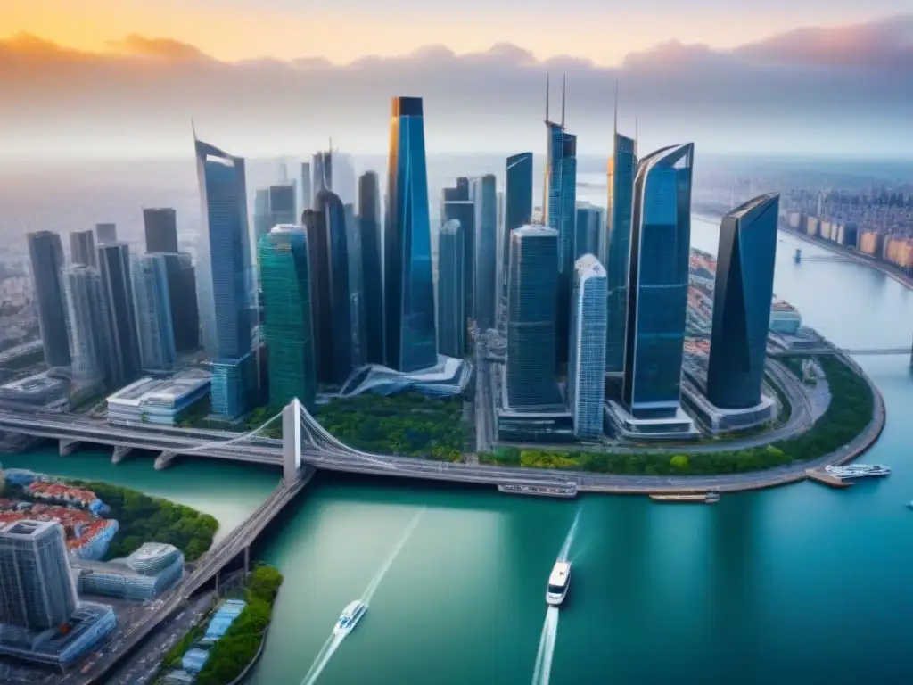 Metrópolis moderna: fusión arquitectónica en un vibrante paisaje urbano Fusiones inmobiliarias internacionales análisis: Vista aérea de una ciudad vibrante con rascacielos y un waterfront dinámico