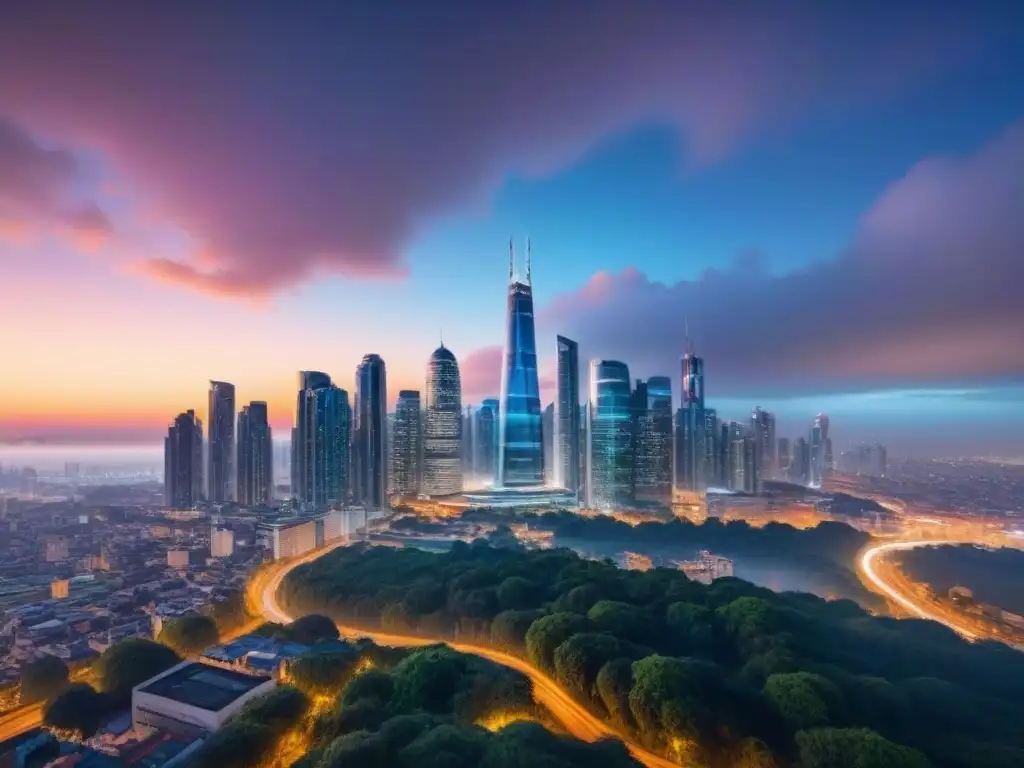 Horizonte urbano futurista: fusiones exitosas en bienes raíces Fusiones inmobiliarias mercado internacional: Ciudad moderna con rascacielos fusionados reflejando luces de la noche
