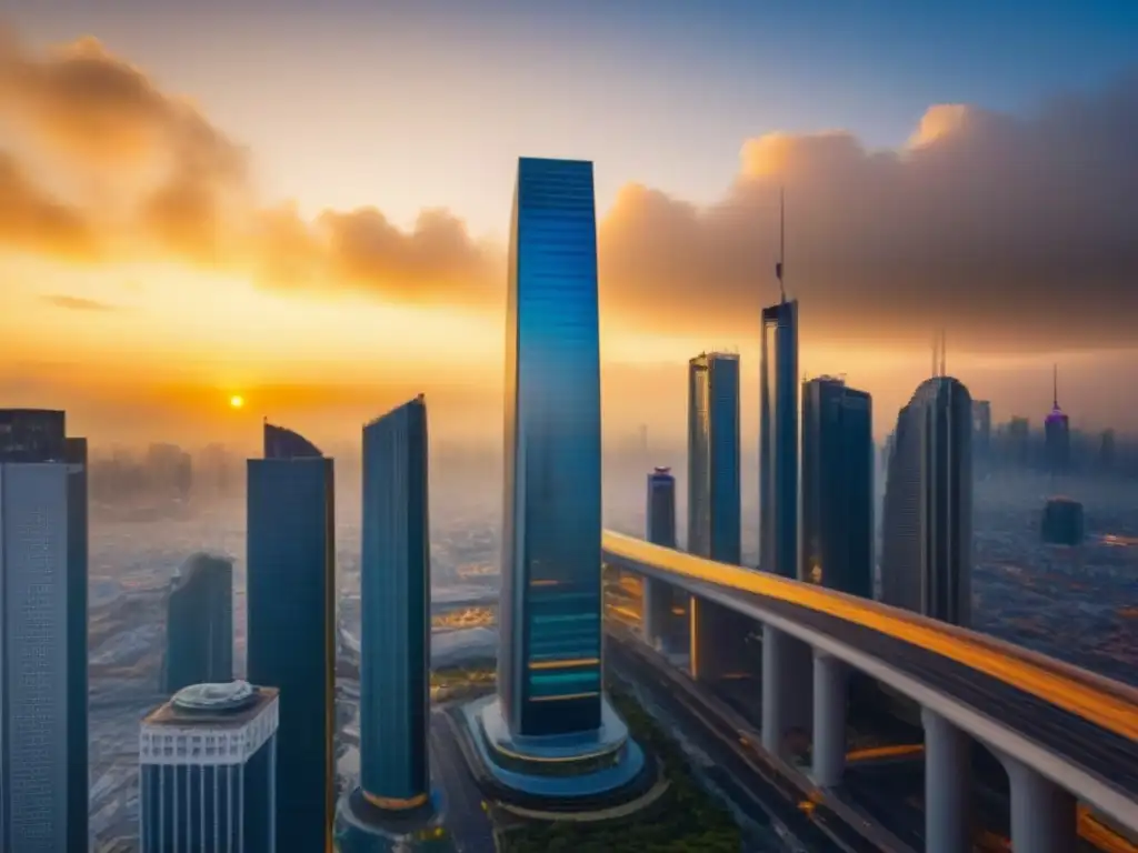 Horizonte urbano futurista: atardecer dorado en ciudad de cristal Fusiones inmobiliarias en mercados emergentes: Ciudad futurista con rascacielos de vidrio y atardecer dorado