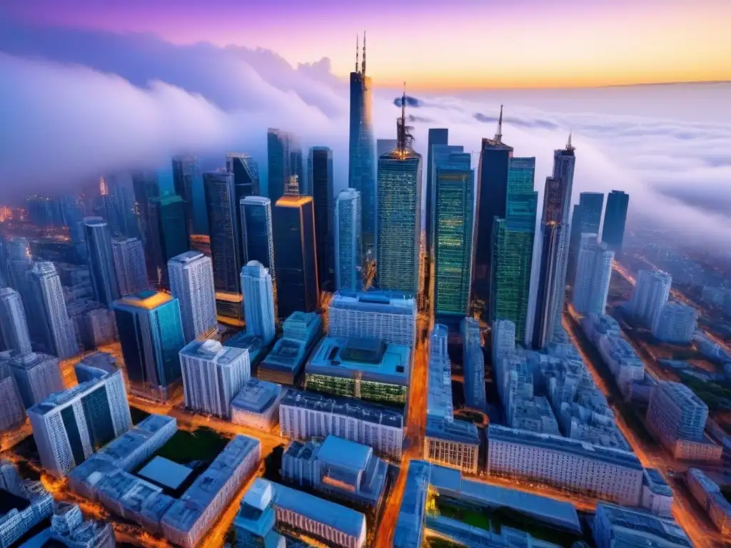 Vista aérea impactante de ciudad moderna Fusiones en mercado inmobiliario internacional: Vista aérea de una ciudad moderna con rascacielos y calles vibrantes