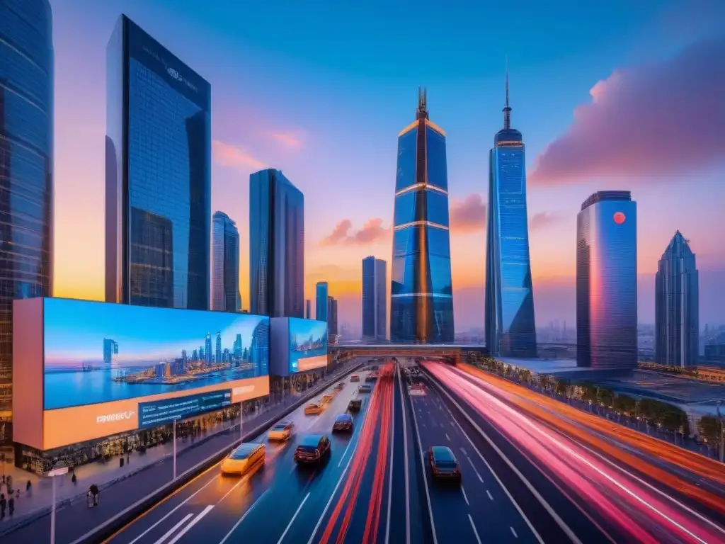Metrópolis futurista: innovación y tecnología en la era de PropTech Metrópolis futurista al atardecer, con rascacielos innovadores y tecnología de vanguardia