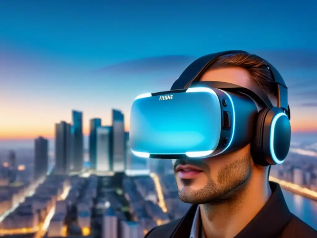 Futurista visión de auriculares de realidad virtual en mercado inmobiliario internacional