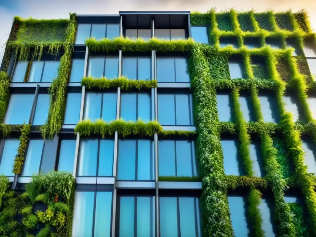 Diseño bioarquitectónico sostenible: armonía entre naturaleza y tecnología Visión futurista de bioarquitectura con muros verdes, paneles solares y reciclaje de agua