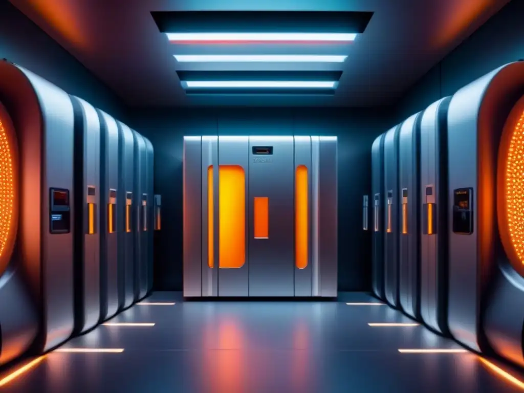 Vanguardia en protección de datos: bóveda digital futurista y segura Futurista bóveda digital segura con escáneres biométricos y campo de fuerza, símbolo de protección datos mercado inmobiliario internacional