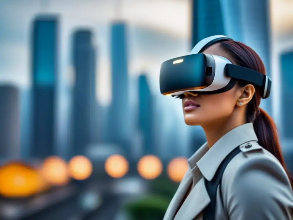 Inmersión total: VR de rascacielos innovadores en mercado inmobiliario Futurista casco de realidad virtual muestra rascacielos innovador en mercado inmobiliario internacional
