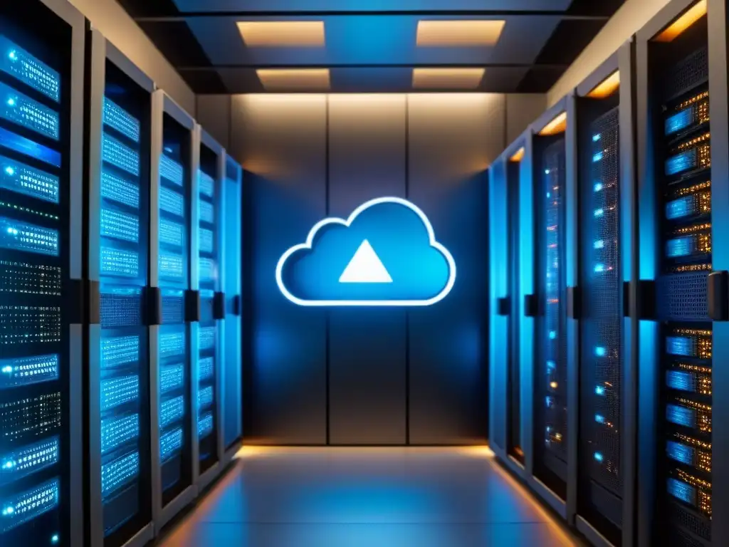 Centro de datos seguro en la nube: tecnología avanzada para proteger datos de gestión Una representación futurista de un centro de datos en la nube seguro con avanzadas medidas de seguridad digital, ideal para plataformas en la nube seguridad