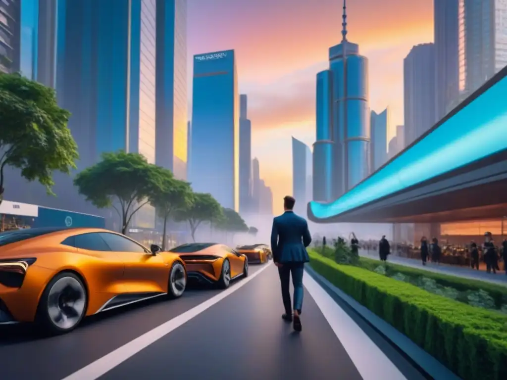 Horizonte futurista: ciudad sostenible y tecnológica en 8k Futurista ciudad con Millennials en actividades urbanas, reflejando innovación en el mercado inmobiliario internacional