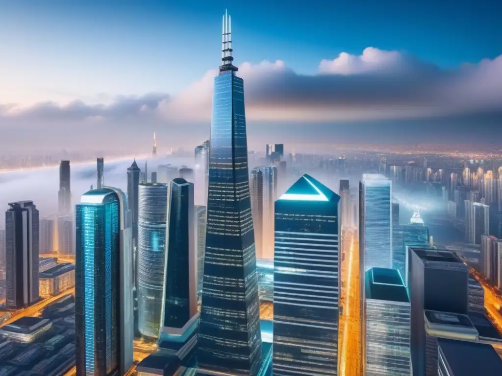 Cityscape futurista con tokens digitales integrados en rascacielos Visión futurista de una ciudad con tokenización de activos inmobiliarios en rascacielos, simbolizando la inversión internacional