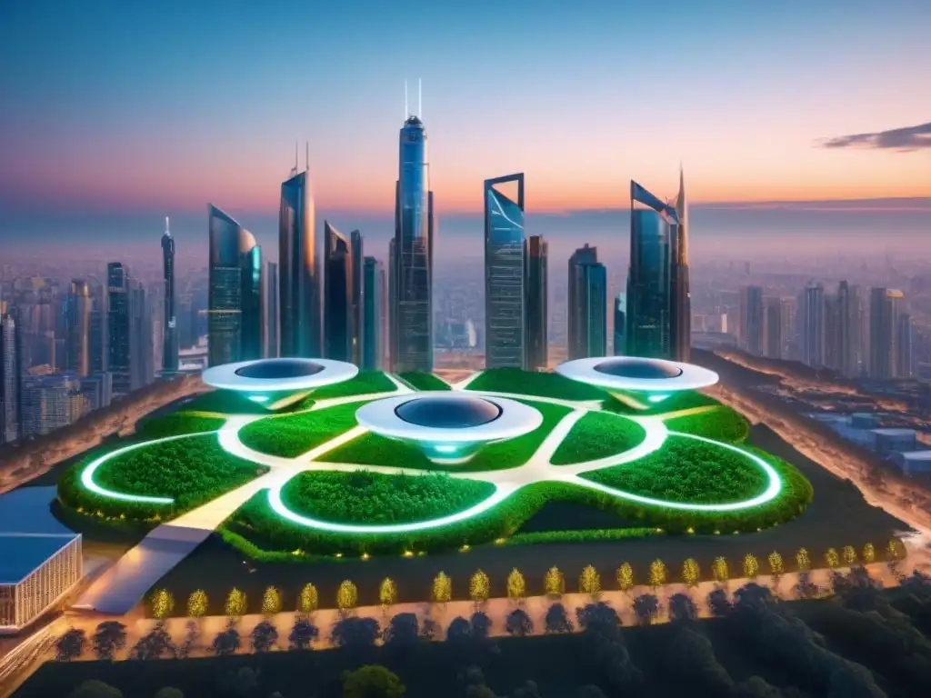 Metrópolis futurista: drones valuando propiedades al atardecer Futurista ciudad al atardecer con drones automatizados escaneando, reflejando la Automatización en valoración de propiedades