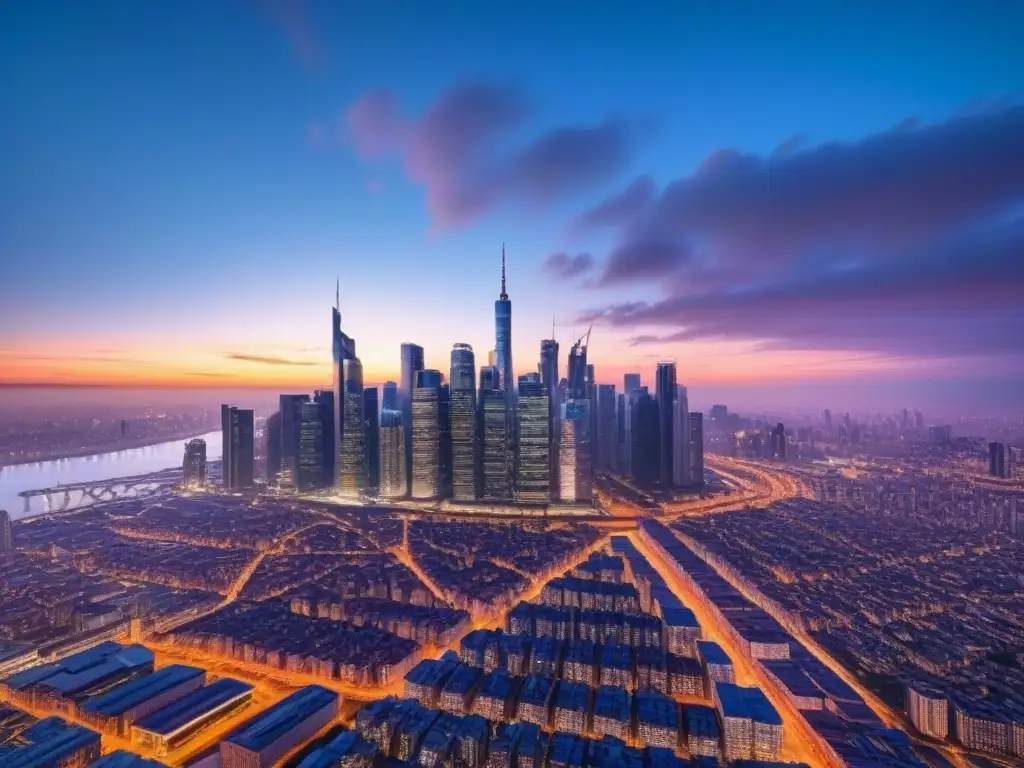 Horizonte futurista: fusiones de gigantes inmobiliarios al atardecer Futurista ciudad al atardecer, fusiones inmobiliarias mercado internacional, rascacielos brillantes reflejan el sol