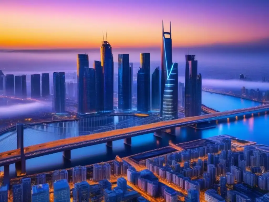 Innovación urbana: ciudad futurista al atardecer Futurista ciudad al atardecer con rascacielos iluminados, puentes brillantes y vehículos voladores en calles neón