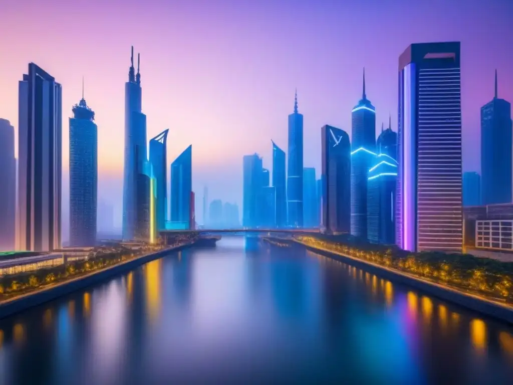 Metrópolis futurista: luces neón y drones en el atardecer Futurista ciudad al atardecer con rascacielos iluminados por luces neón, drones y demanda vivienda economías emergentes
