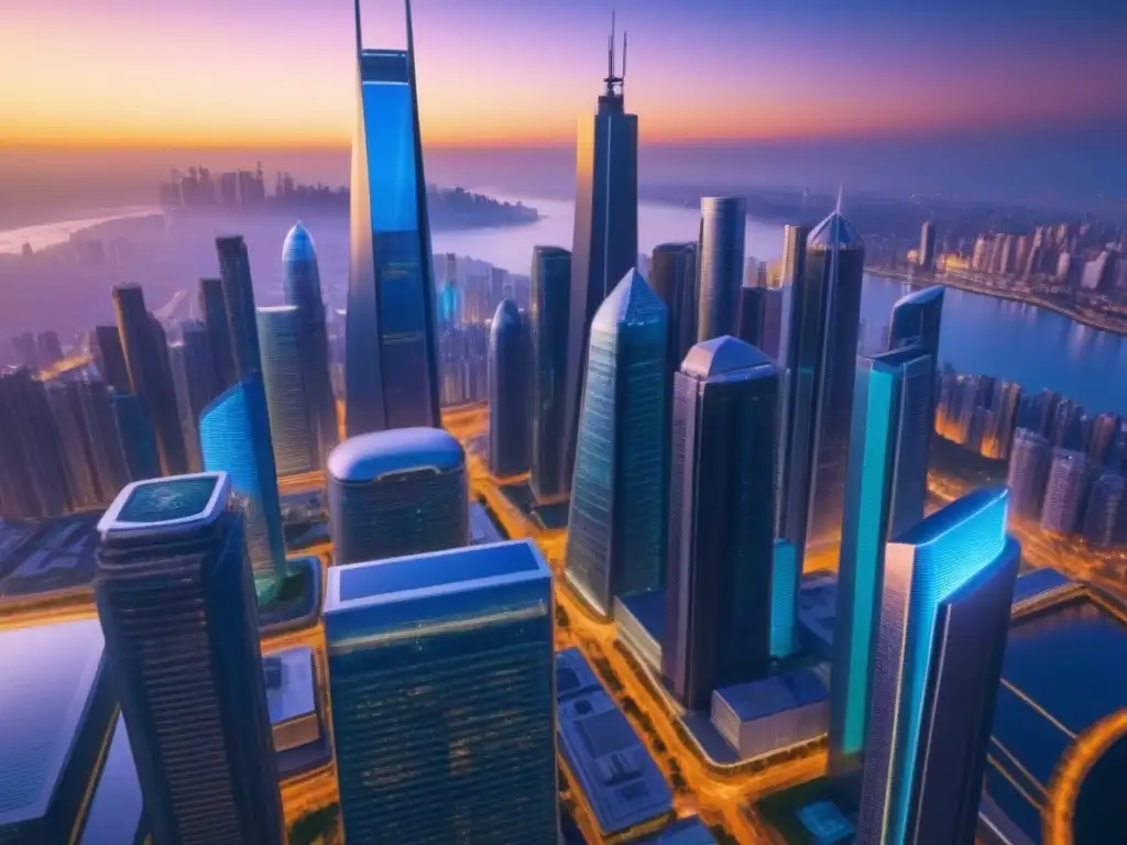 Horizonte futurista: ciudad innovadora en 8k Futurista ciudad al atardecer con rascacielos innovadores iluminados por luz dorada, reflejando la inversión global mercado inmobiliario