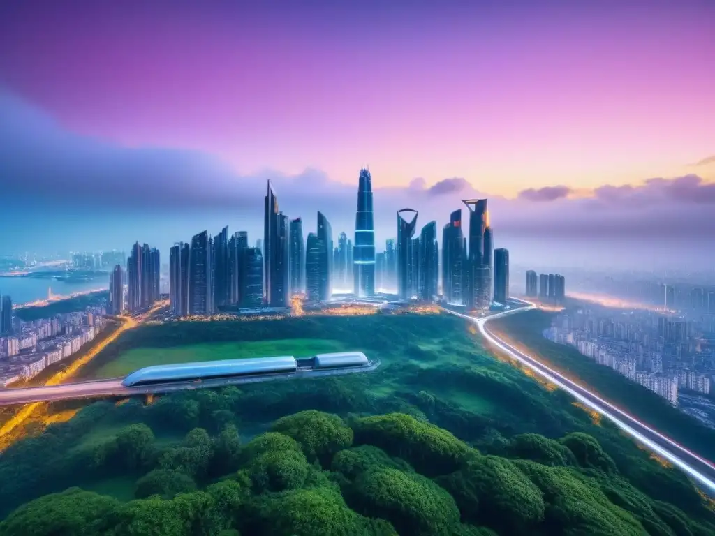 Horizonte urbano futurista: luces neón y diseño innovador Futurista ciudad al atardecer con rascacielos iluminados por luces de neón, rodeados de vegetación