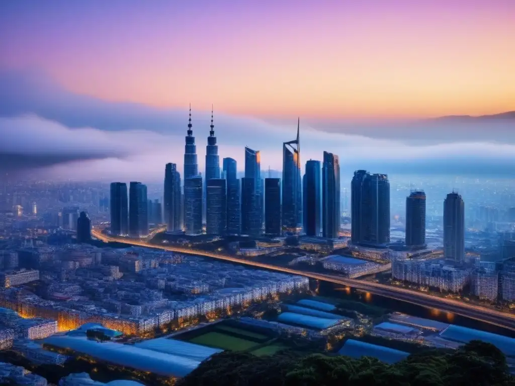 Horizonte futurista: rascacielos tecnológicos en la ciudad del mañana Futurista ciudad al atardecer, con rascacielos de alta tecnología iluminados