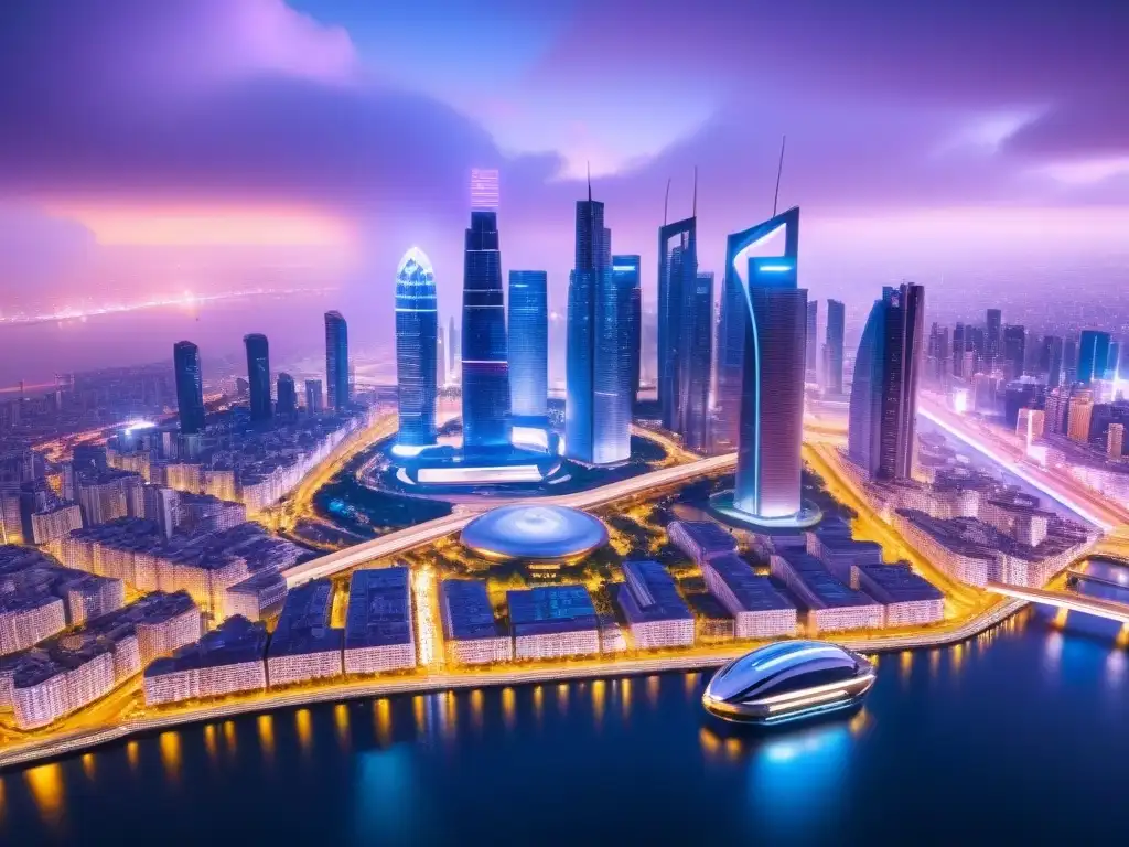 Horizonte futurista: ciudad segura con alta tecnología Futurista ciudad al atardecer con seguridad en inversión inmobiliaria global