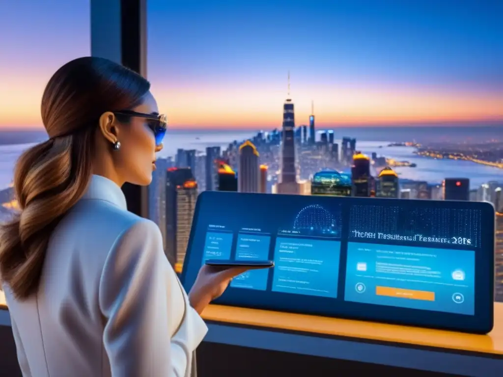 Inversión inmobiliaria del futuro: skyline futurista con blockchain Futurista ciudad al anochecer con beneficios blockchain para inversores inmobiliarios