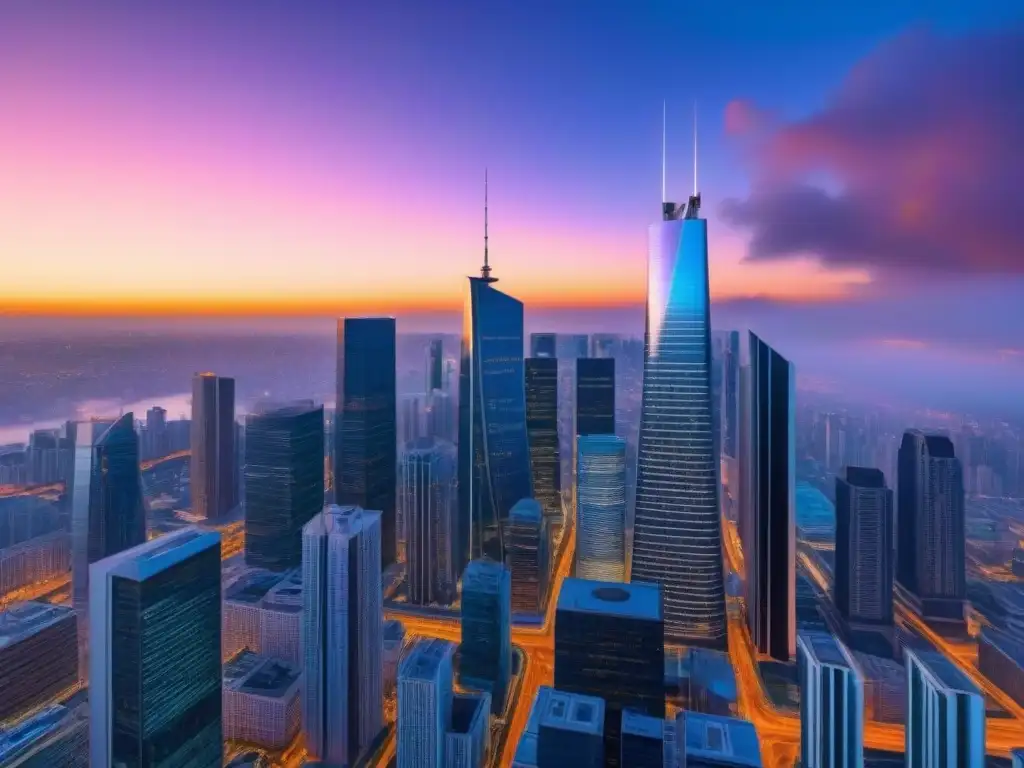 Metrópolis futurista: la fusión perfecta de 5G y negocios inmobiliarios Futurista ciudad con beneficios tecnología 5G para inmobiliarias, integrando hologramas en reunión de negocios