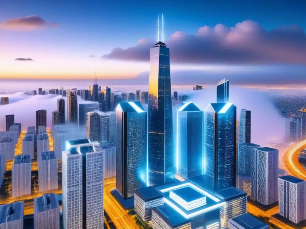 Metrópolis futurista con blockchain en bienes raíces Futurista ciudad con blockchain en mercado inmobiliario internacional
