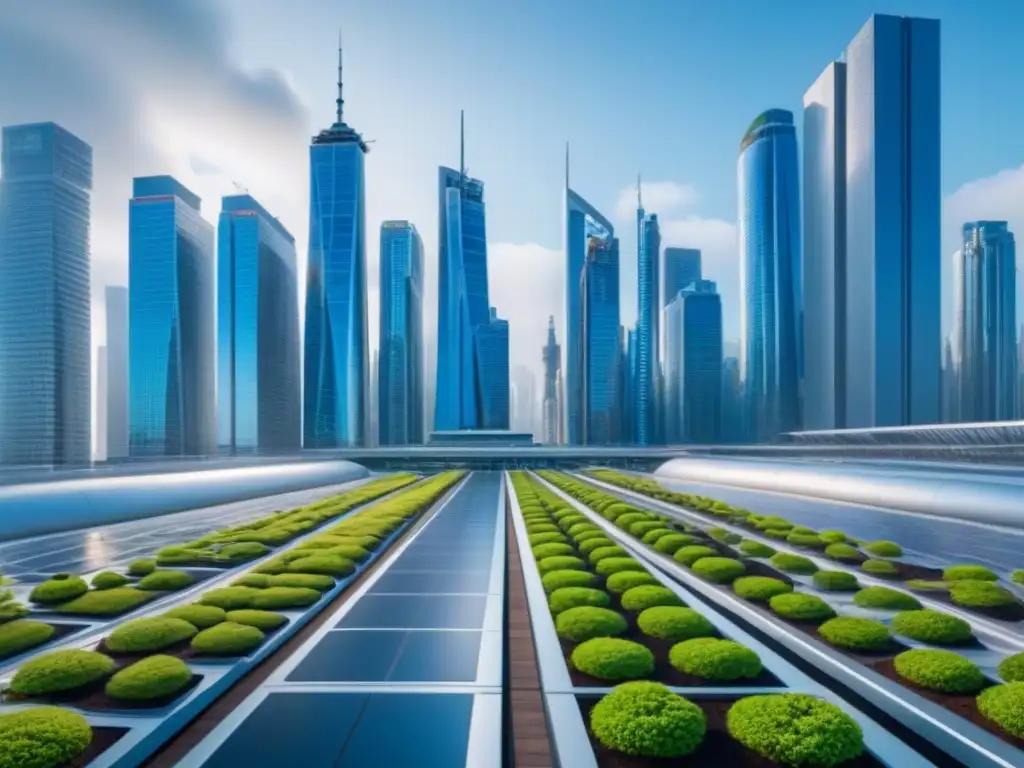 Cityscape futurista eco-friendly con certificaciones LEED y BREEAM Futurista ciudad con Certificaciones LEED y BREEAM, arquitectura sostenible, vehículos eléctricos y cielo azul claro