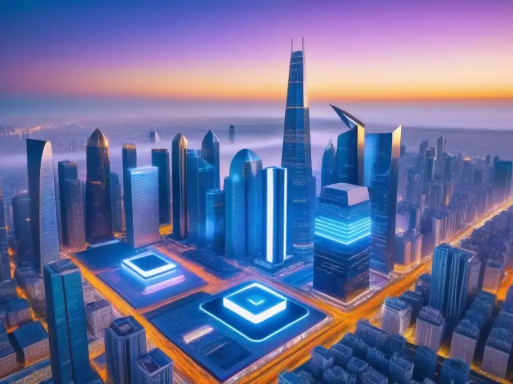 Skyline futurista: rascacielos cripto en 8K Futurista ciudad cripto: Invertir en bienes raíces con criptomonedas en un horizonte lleno de rascacielos digitales