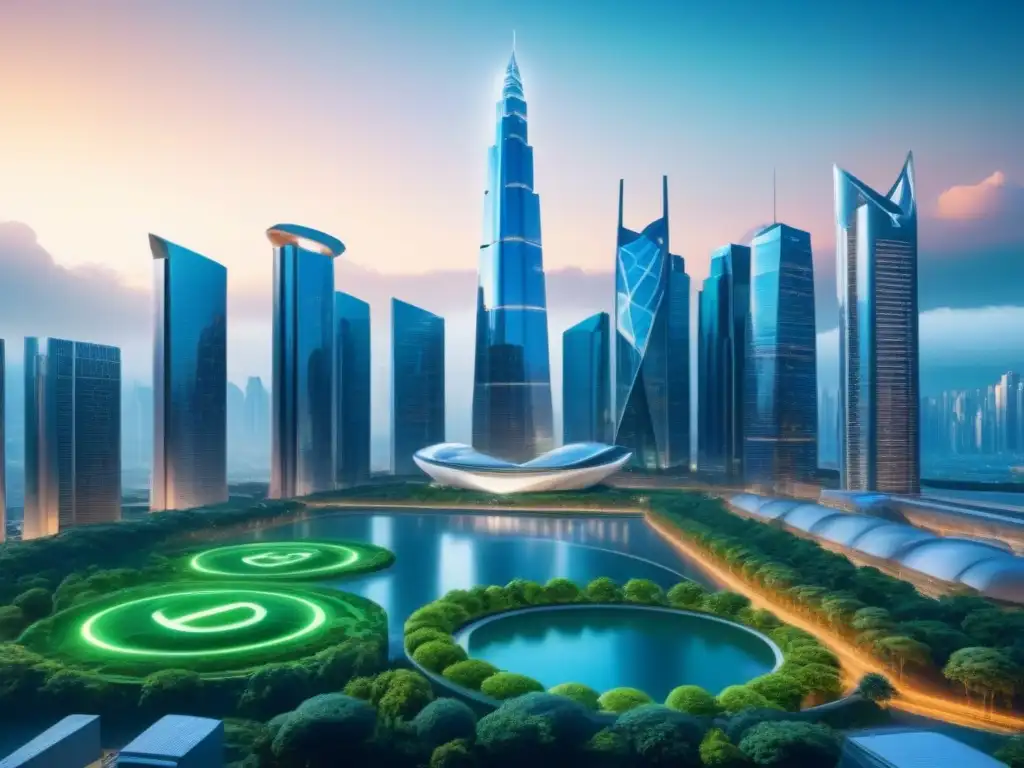 Cityscape futurista: criptomonedas, naturaleza y riqueza en armonía Futurista ciudad cripto con rascacielos y naturaleza