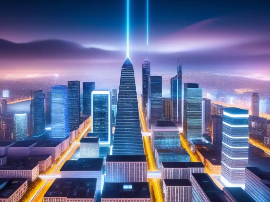 Metrópolis futurista: big data y real estate en neón Futurista ciudad con datos luminosos, anticipación e innovación