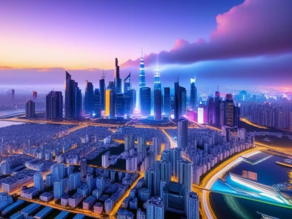 Horizonte digital futurista: luces neón y datos Futurista ciudad digital iluminada por luces neón, conectada por flujos de datos