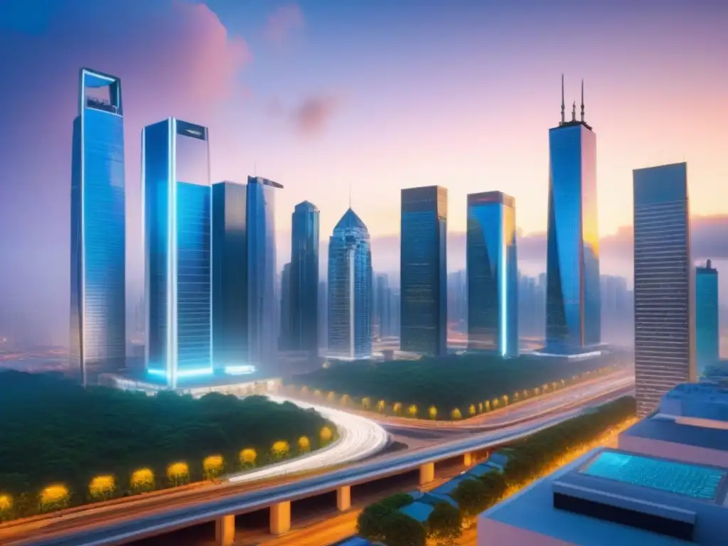 Metrópolis futurista: skyline vibrante y profesionales en acción Futurista ciudad con diversidad arquitectónica y profesionales de negocios en bulliciosa calle