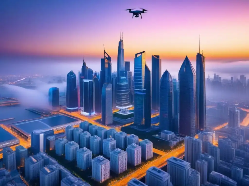 Ciudad futurista: drones, smart buildings y atardecer tecnológico Futurista ciudad con drones entre rascacielos, edificios inteligentes conectados en red y sistema automatizado, iluminada por un atardecer brillante