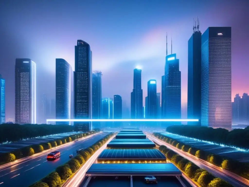 Futurista ciudad digital: luces neon y drones autónomos Futurista ciudad con edificios high-tech e innovadoras tecnologías