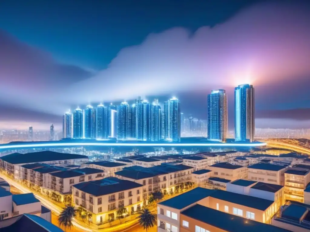 Metrópolis futurista en la blockchain: propiedades digitales iluminadas Futurista ciudad con edificios interconectados en blockchain en gestión de propiedades