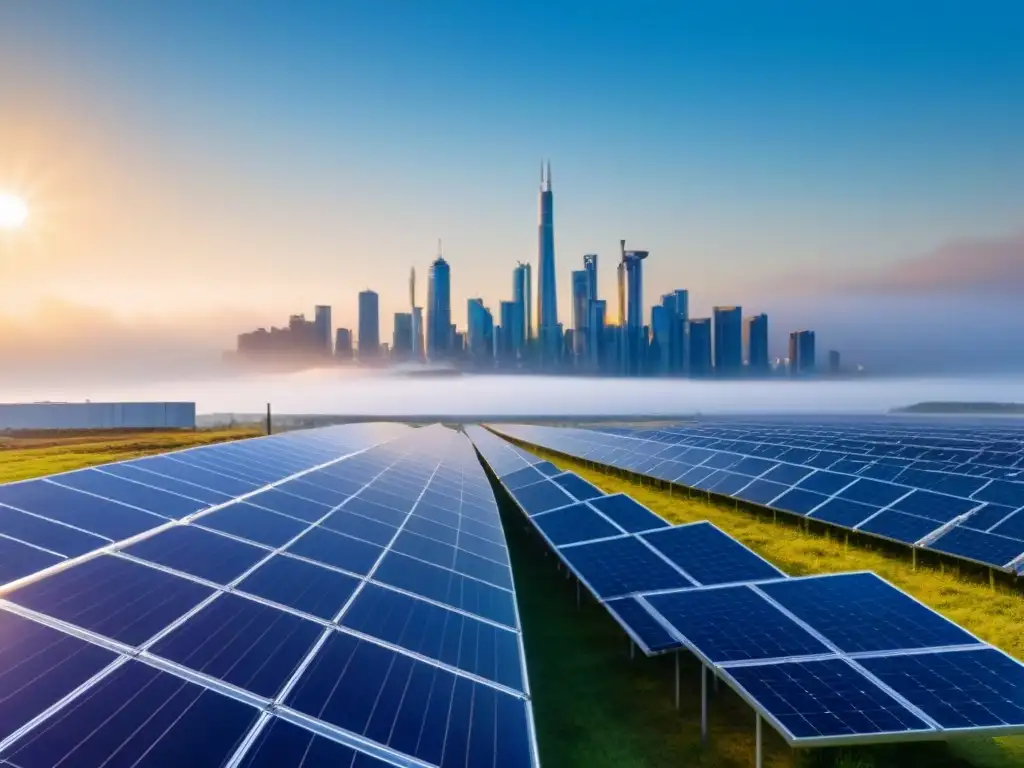 Cityscape futurista con paneles solares integrados Futurista ciudad con edificios modernos y paneles solares, destacando los beneficios de la energía solar en la arquitectura sostenible