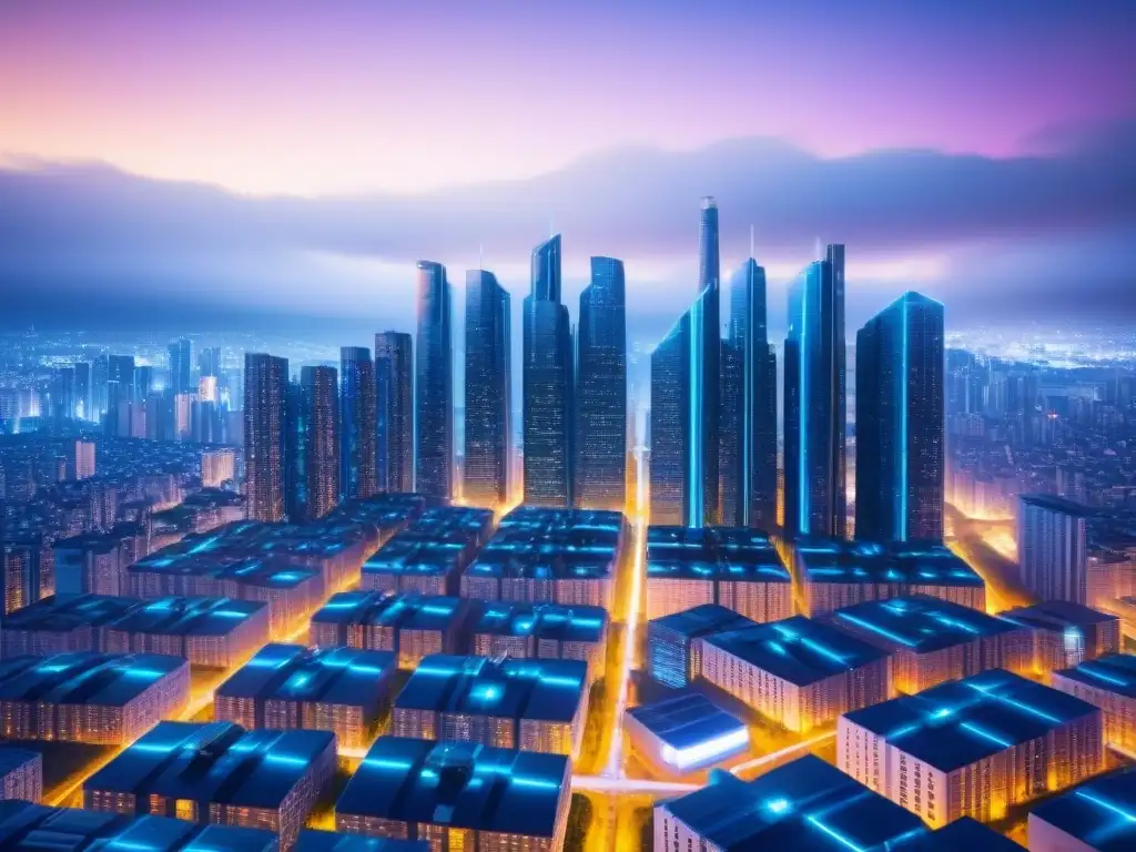 Cityscape futurista: propiedades transparentes con tecnología blockchain Futurista ciudad con edificios transparentes conectados por líneas de blockchain