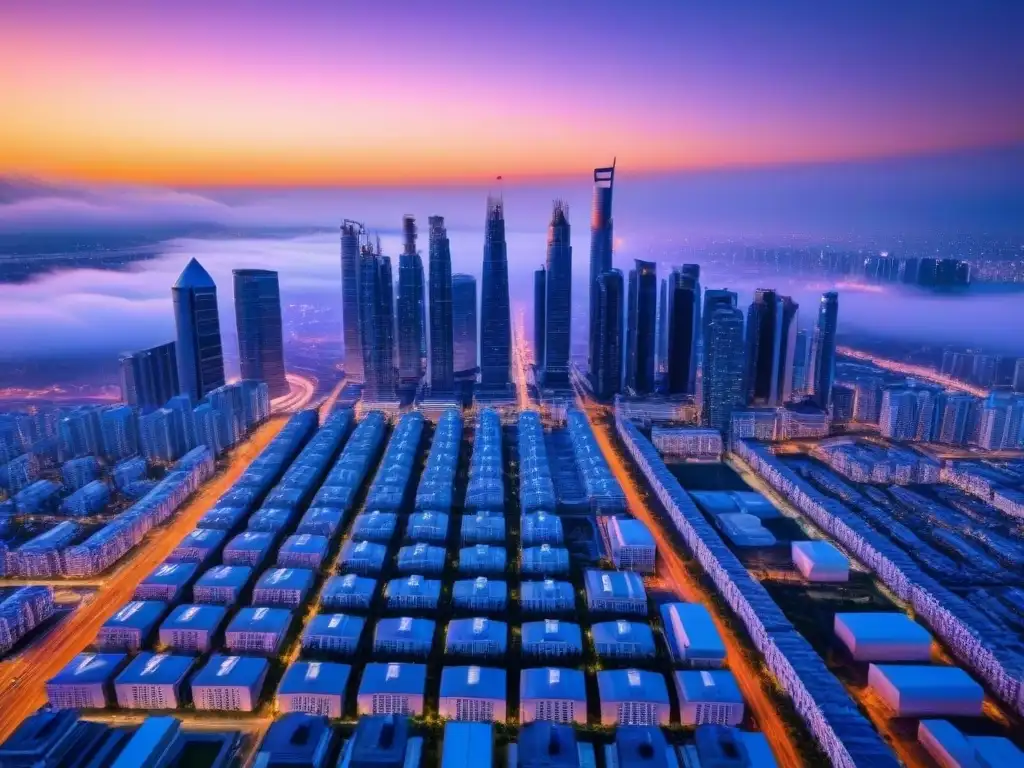 Horizonte futurista: ciudad segura e innovadora al atardecer Futurista ciudad con edificios de vidrio y acero reflejando el atardecer, drones y sistemas de seguridad avanzados