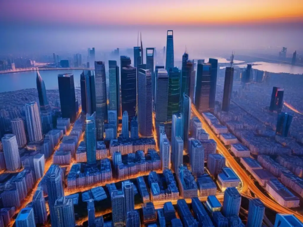 Red de regulaciones internacionales en el mercado inmobiliario global Futurista ciudad global con rascacielos representando países, conectados por redes de datos brillantes al amanecer