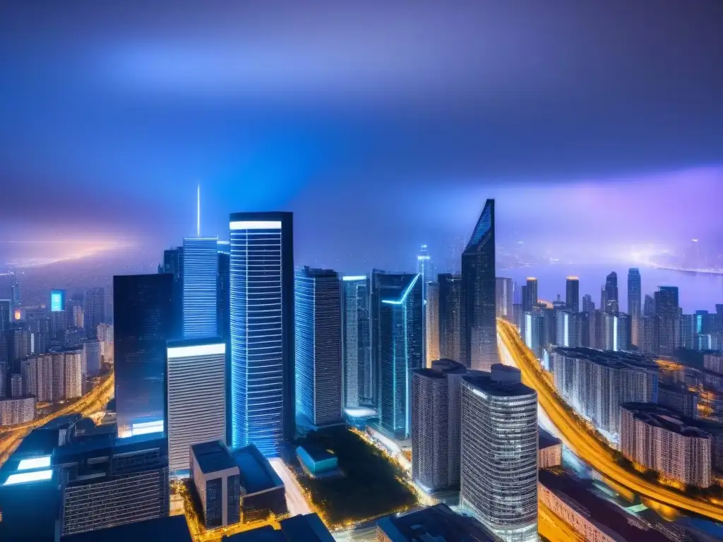 Inversión inmobiliaria global: ciencia ficción blockchain Futurista ciudad con hologramas de propiedades inmobiliarias compradas y vendidas con tecnología blockchain en inversión inmobiliaria internacional