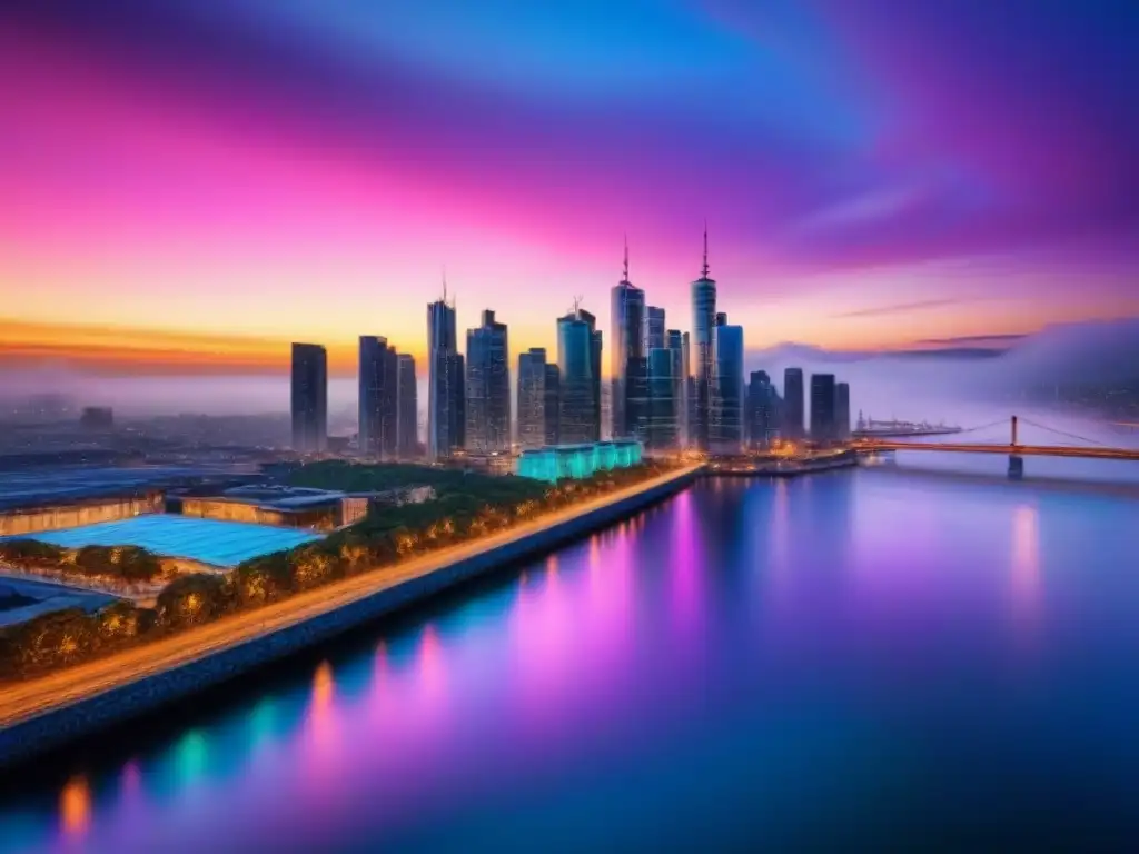 Luces de la ciudad futurista al atardecer Futurista ciudad iluminada al anochecer, reflejando en el agua tranquila
