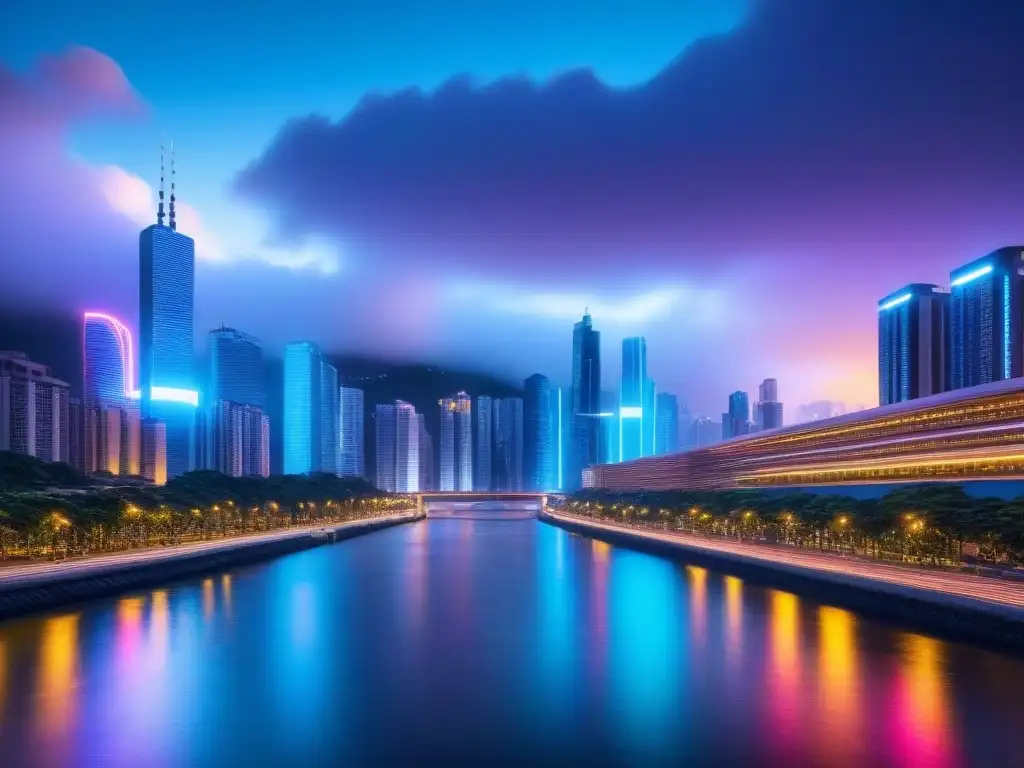 Futurista metrópolis nocturna: tecnología y sofisticación Futurista ciudad iluminada por luces de neón al atardecer, reflejándose en un río