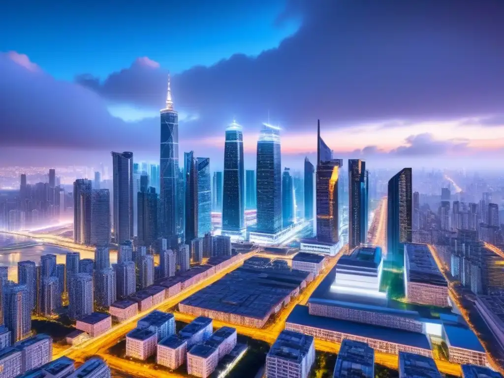 Metrópolis blockchain: ciudad futurista en 8k Futurista ciudad blockchain contra corrupción inmobiliaria al anochecer