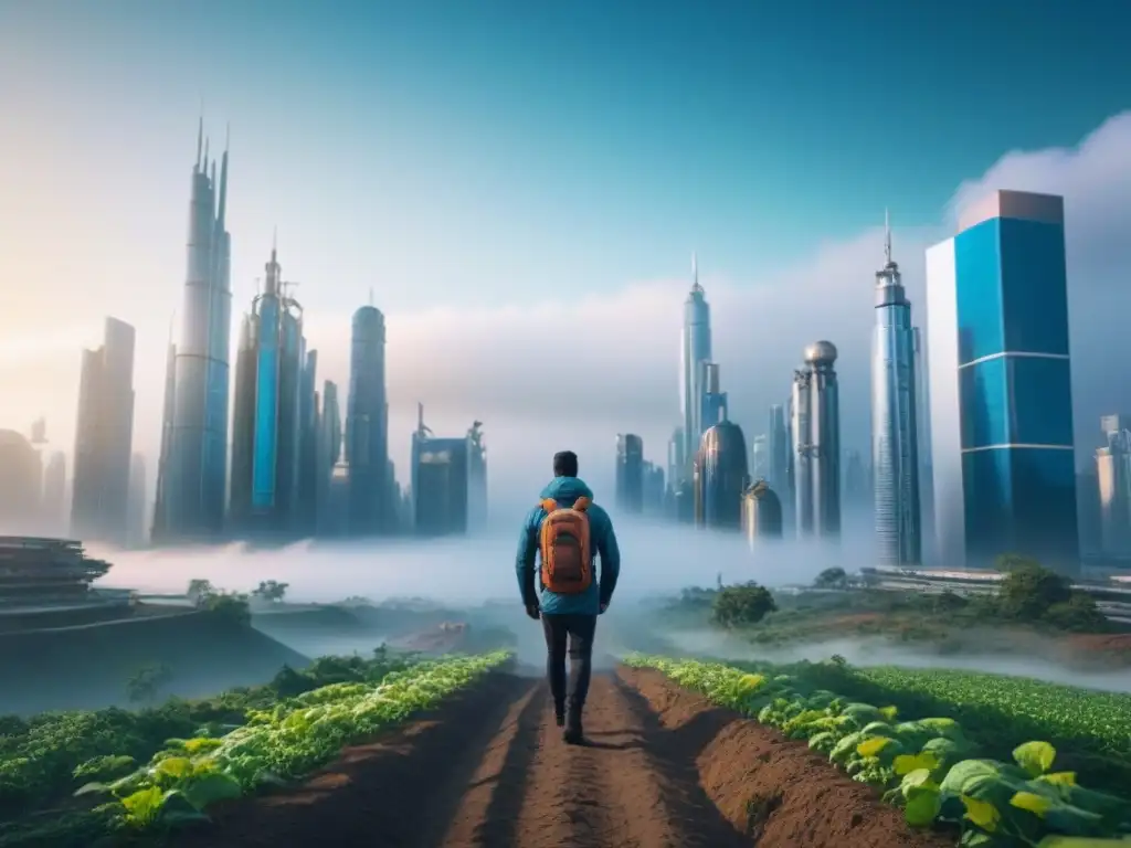Metrópolis futurista: tecnología avanzada y naturaleza salvaje Futurista ciudad integrada con naturaleza, tecnologías emergentes inversión terrenos sin desarrollar