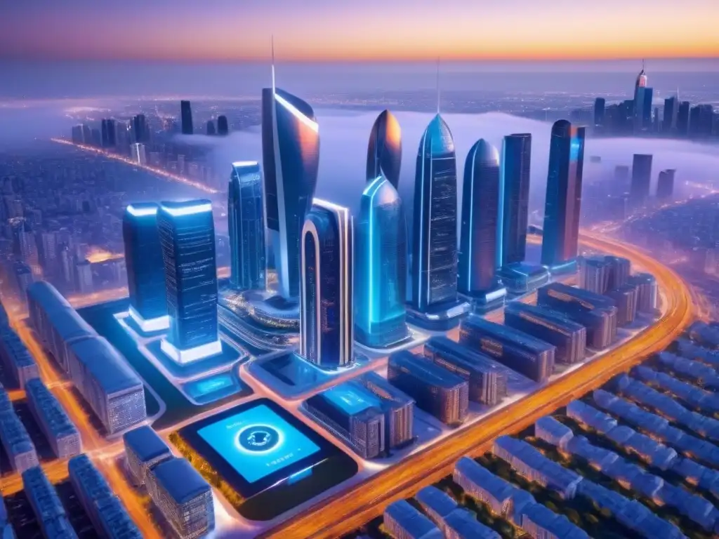 Metrópolis futurista: edificios inteligentes y tecnología AI Futurista ciudad inteligente: edificios con IA interactúan con el entorno