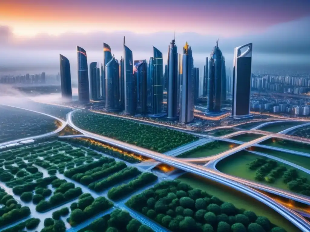 Skyline futurista con IA y sostenibilidad en 8k Futurista ciudad inteligente con tecnología AI en inversiones inmobiliarias