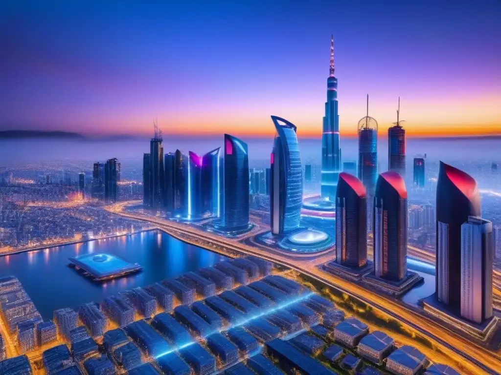 Skyline futurista con tecnología 5G y seguridad avanzada Futurista ciudad inteligente con seguridad inmobiliaria tecnología 5G y luces neón al anochecer