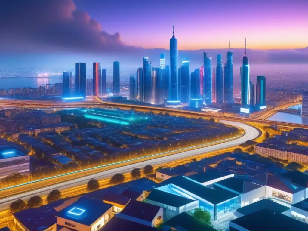 Skyline futurista: integración AI y IoT en smart city nocturna Futurista ciudad inteligente con IA, IoT y tendencias inmobiliarias