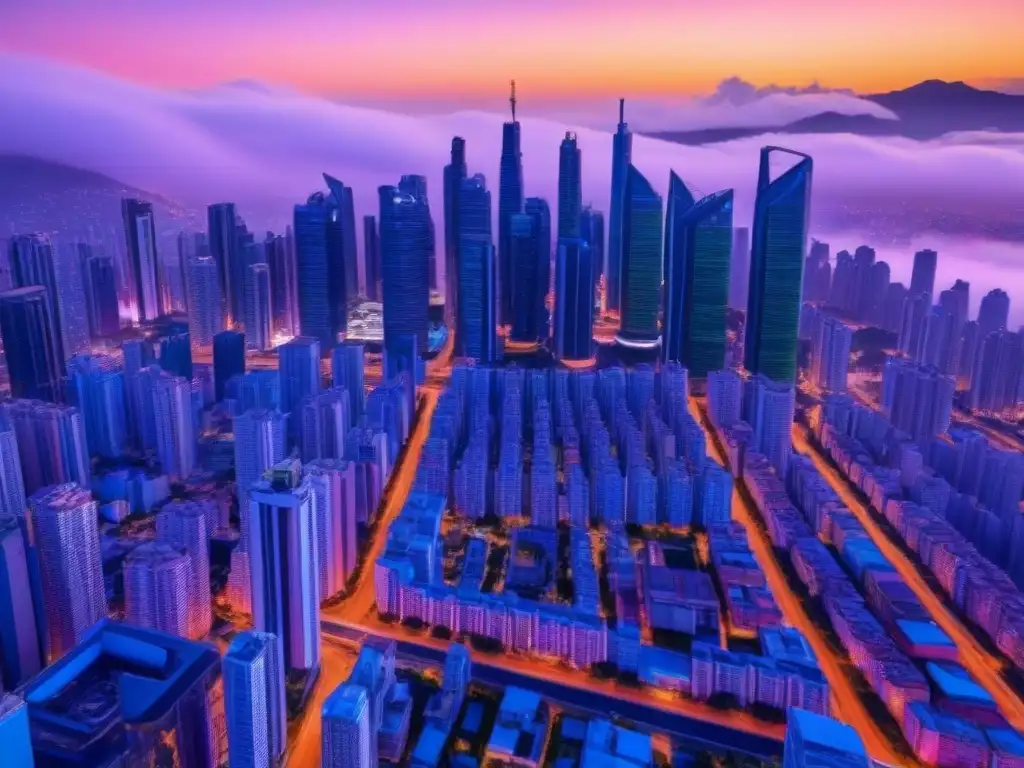 Metrópolis futurista en América Latina: luces neón en atardecer tecnológico Futurista ciudad latinoamericana con rascacielos tecnológicos y luces neón en atardecer colorido